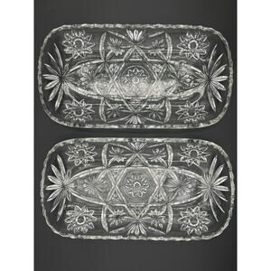 Set Of 2 Vintage Pressed Glass Serving Trays Floral Starburst - 12”x7”